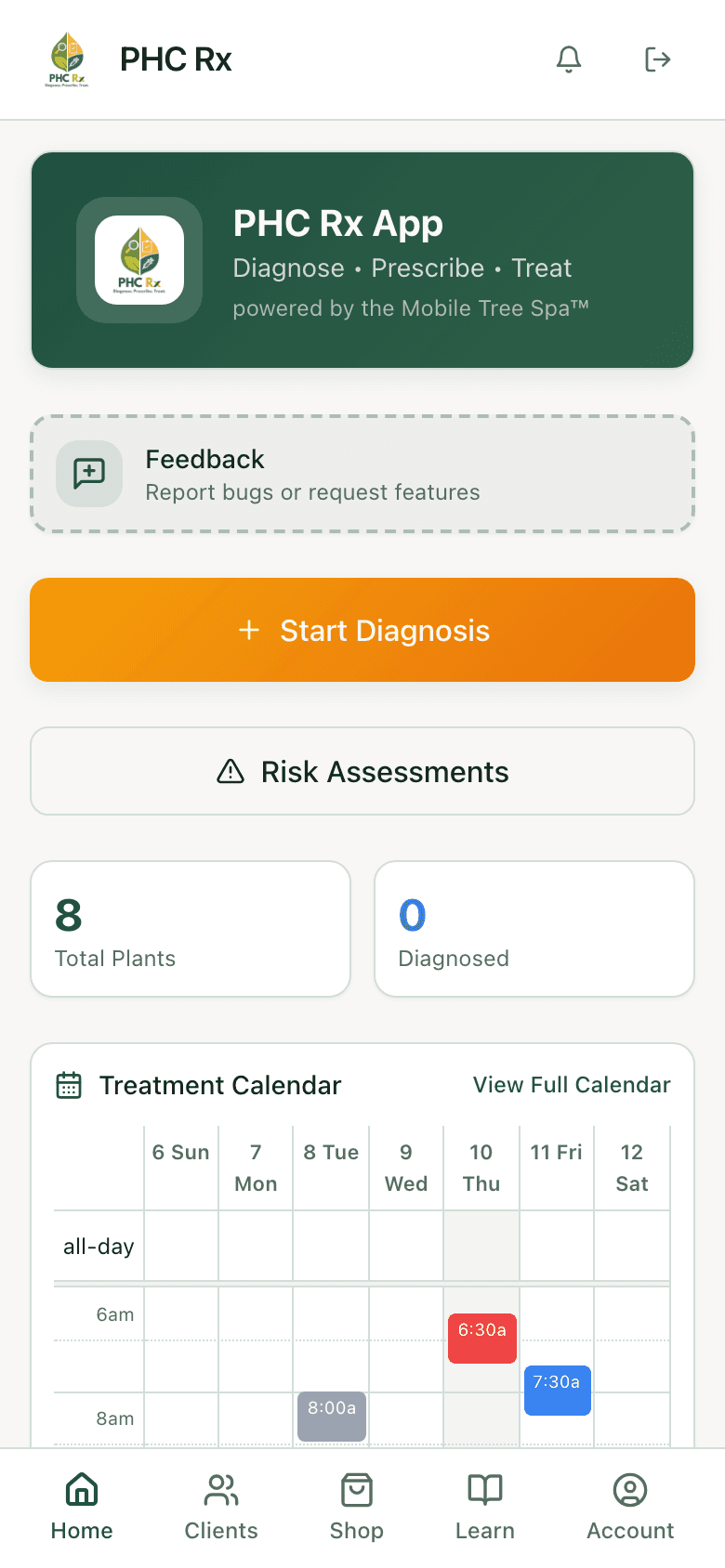 PHC Rx home screen with Start Diagnosis, plant counts, and the treatment calendar