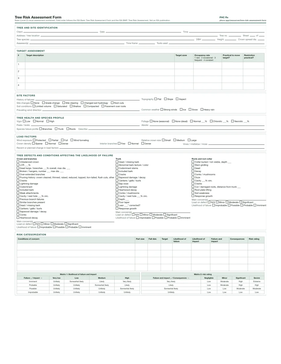 First page of the PHC Rx tree risk assessment form PDF: target, site, health, load, defects, and the two risk matrices