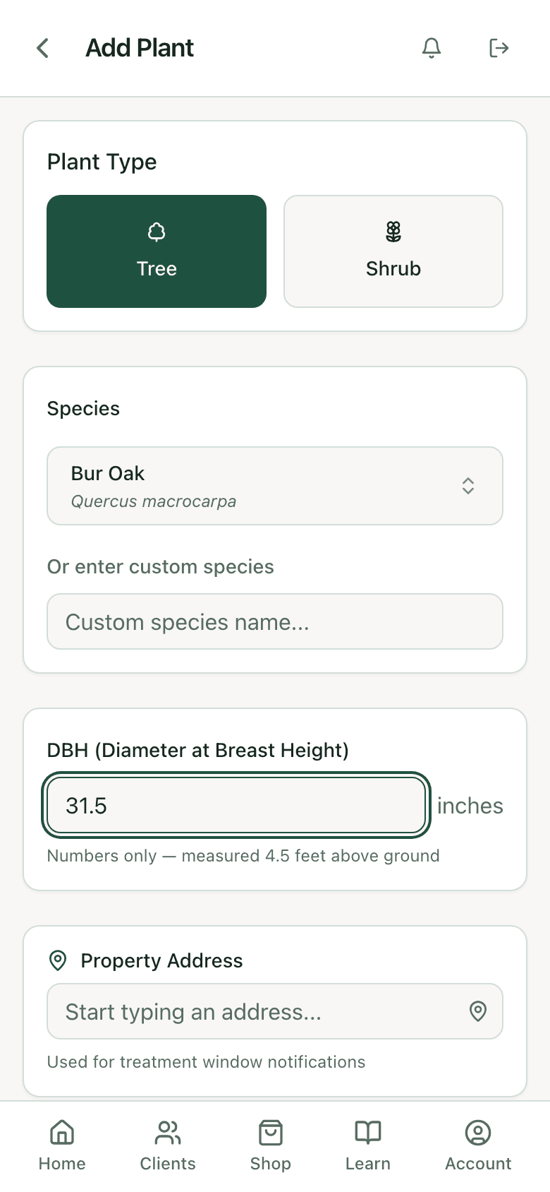 PHC Rx add plant form with the DBH field set to 31.5 inches and the note that it is measured 4.5 feet above ground