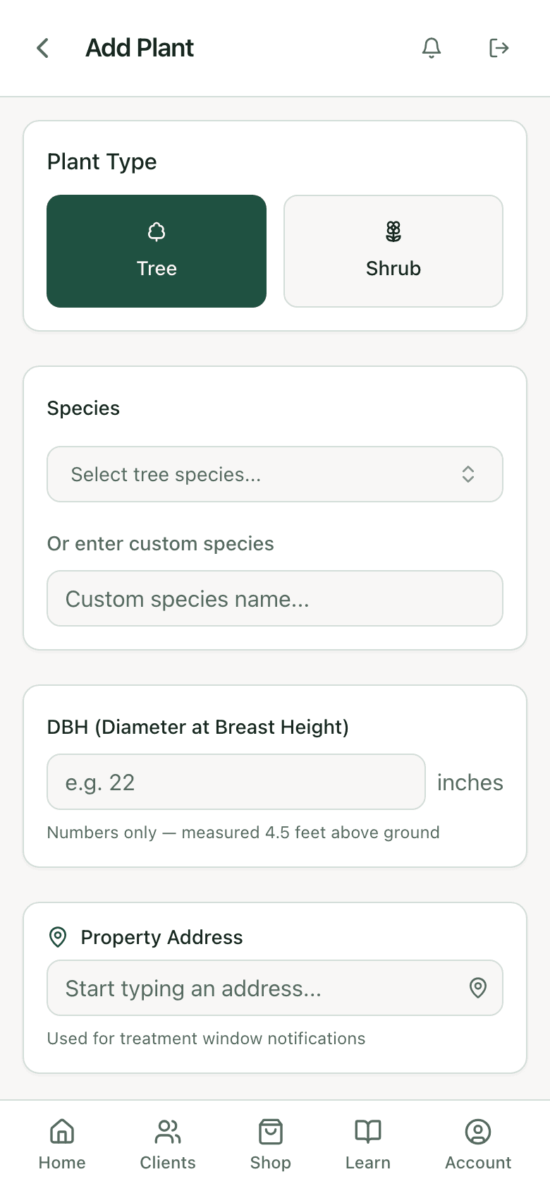 PHC Rx Add Plant screen with species picker, DBH, and property address