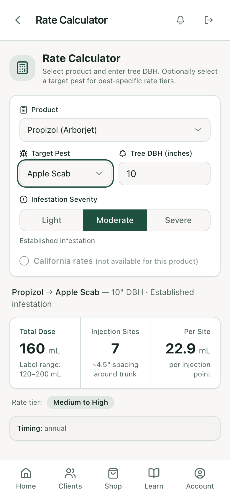 PHC Rx rate calculator: Propizol on a 10 inch crabapple for apple scab, total dose, injection sites, and label range