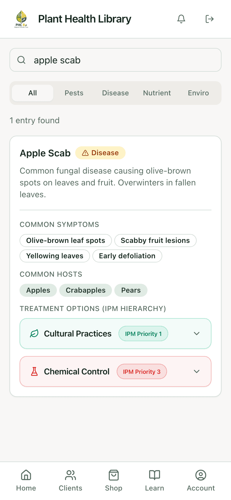 PHC Rx plant health library entry for apple scab: description, common symptoms, common hosts, and treatment options in IPM order