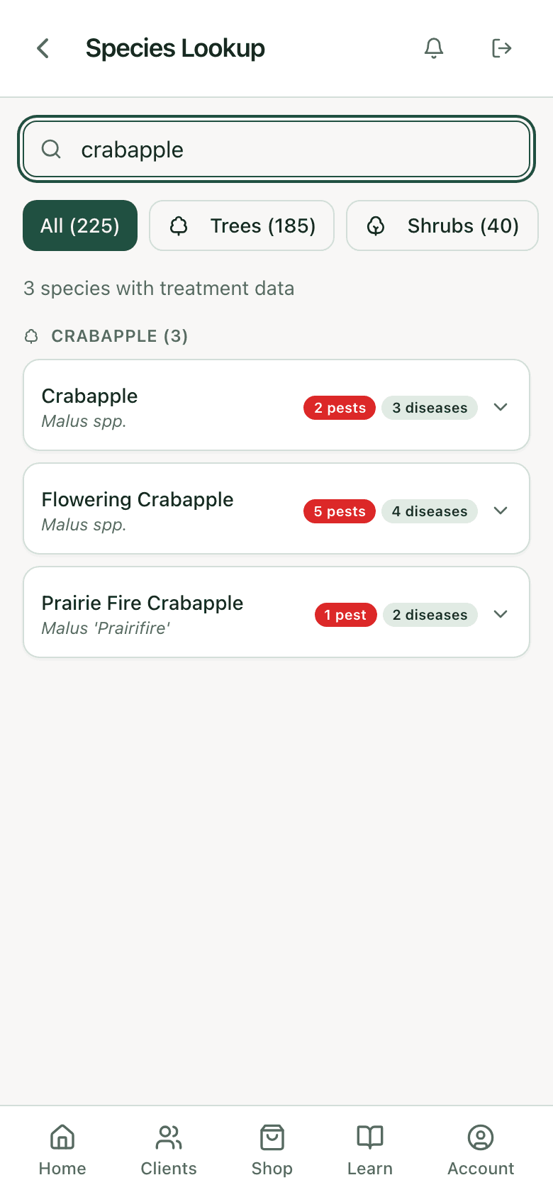 PHC Rx species lookup results for crabapple: each matching species with its pest and disease counts, ready to open for the specified treatments