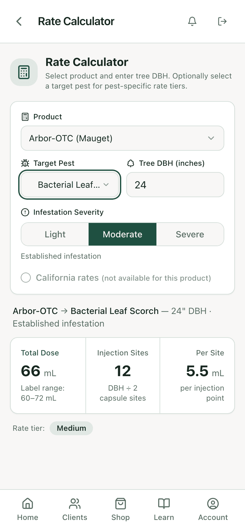 PHC Rx rate calculator: Arbor-OTC on a 24 inch pin oak for bacterial leaf scorch, total dose, capsule count, and label range