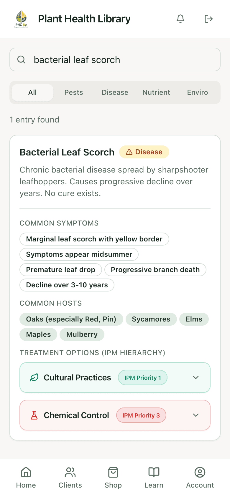 PHC Rx plant health library entry for bacterial leaf scorch: description, common symptoms, common hosts, and treatment options in IPM order