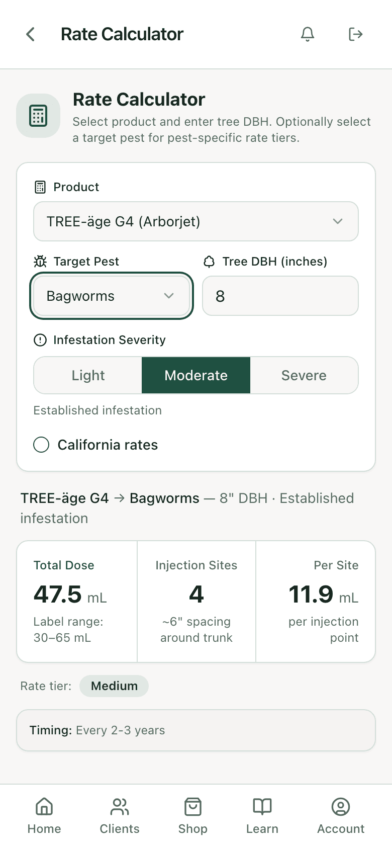 PHC Rx rate calculator: TREE-äge G4 on an 8 inch arborvitae for bagworms, total dose, injection sites, and label range