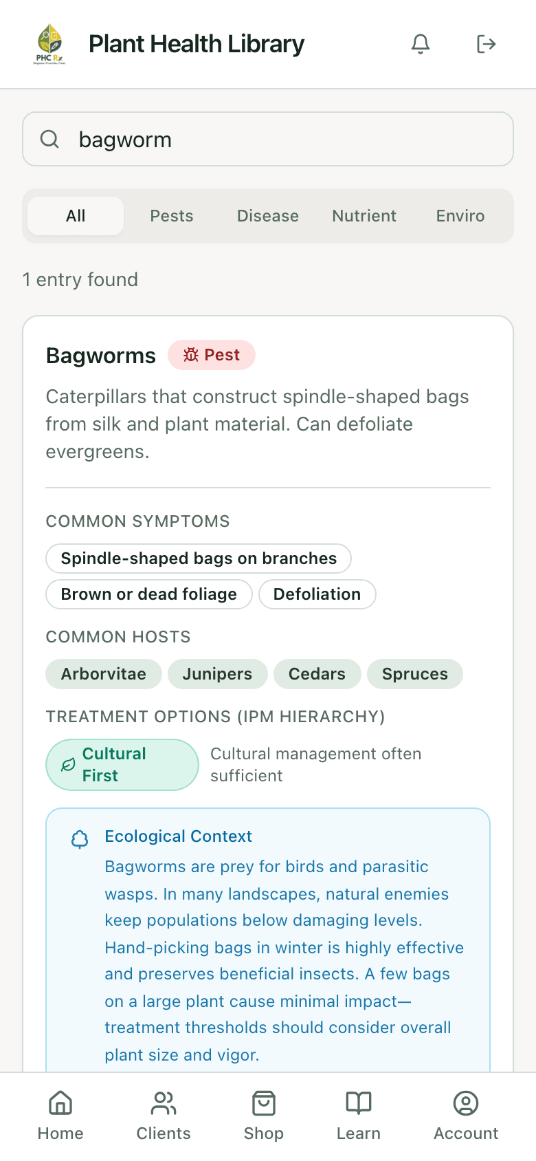 PHC Rx plant health library entry for bagworms: description, common symptoms, common hosts, and treatment options in IPM order