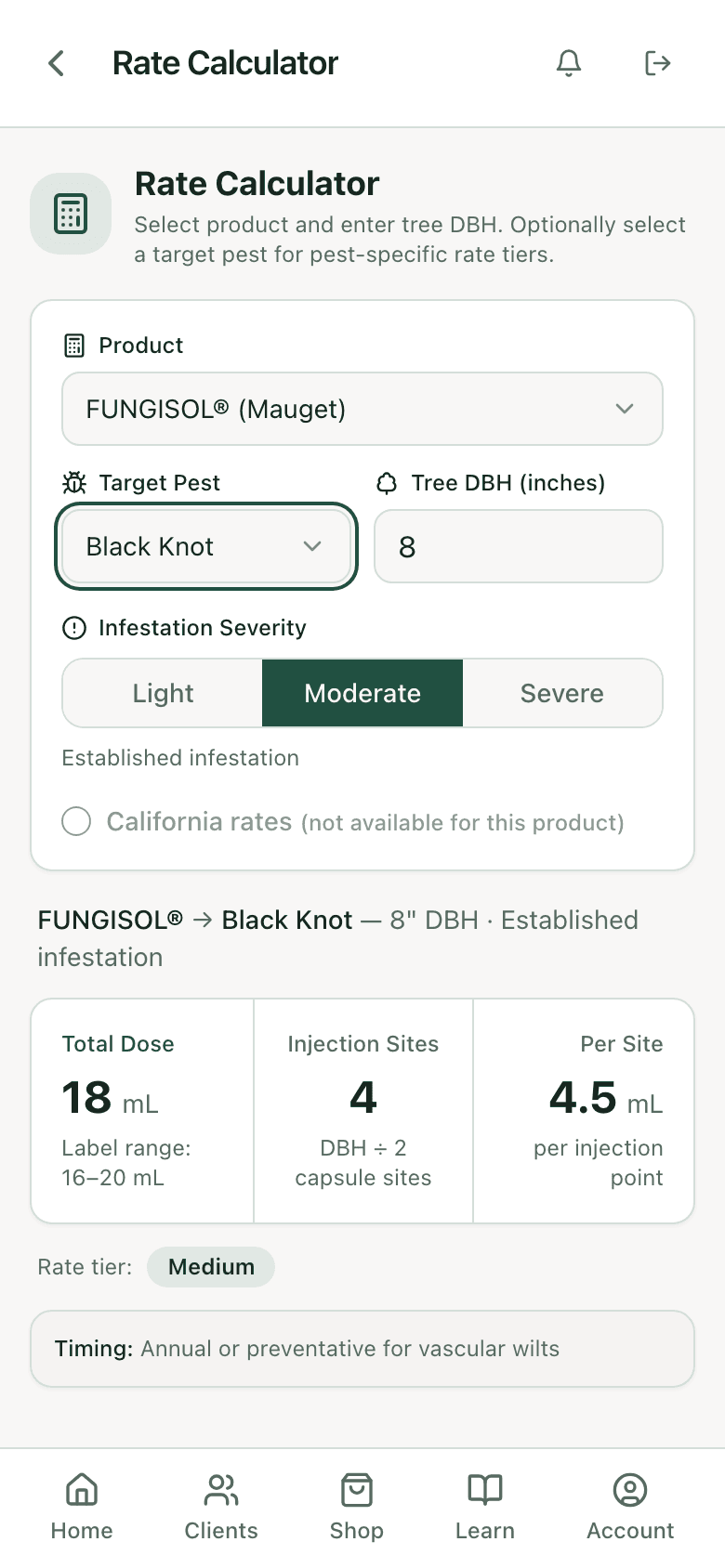 PHC Rx rate calculator: FUNGISOL on an 8 inch Kwanzan cherry for black knot, total dose, capsule count, and label range