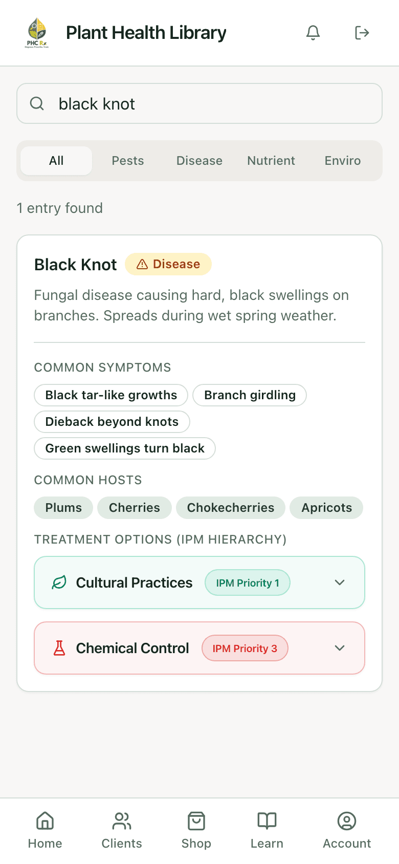 PHC Rx plant health library entry for black knot: description, common symptoms, common hosts, and treatment options in IPM order