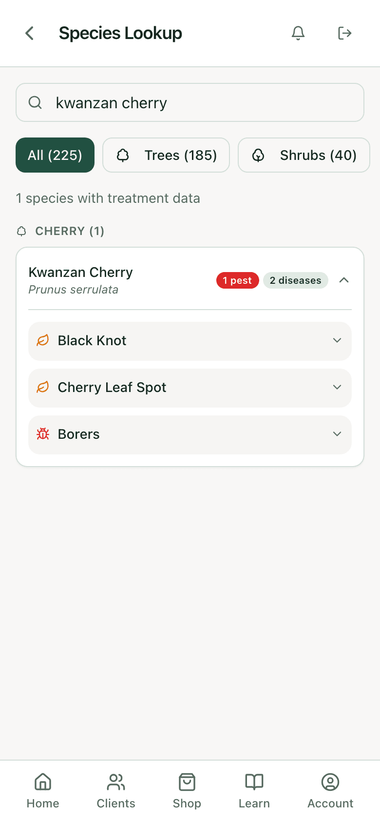 PHC Rx species lookup results for Kwanzan cherry: the species card with its pest and disease counts, ready to open for the specified treatments