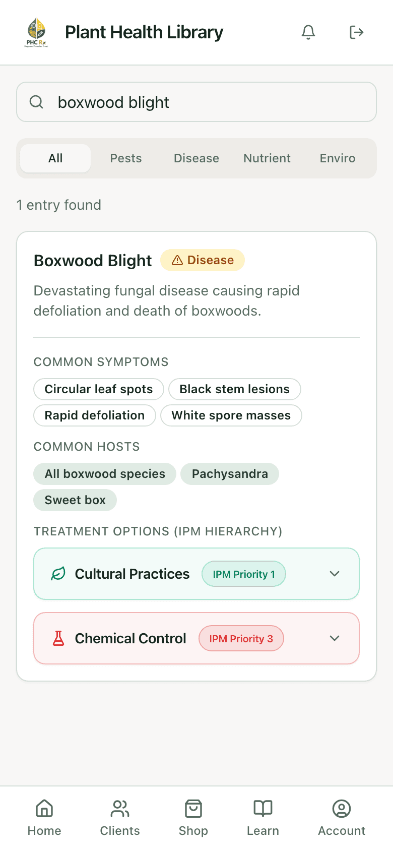 PHC Rx plant health library entry for boxwood blight: description, common symptoms, common hosts, and treatment options in IPM order