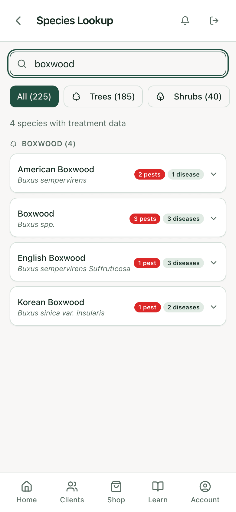 PHC Rx species lookup results for boxwood: each matching species with its pest and disease counts, ready to open for the specified treatments
