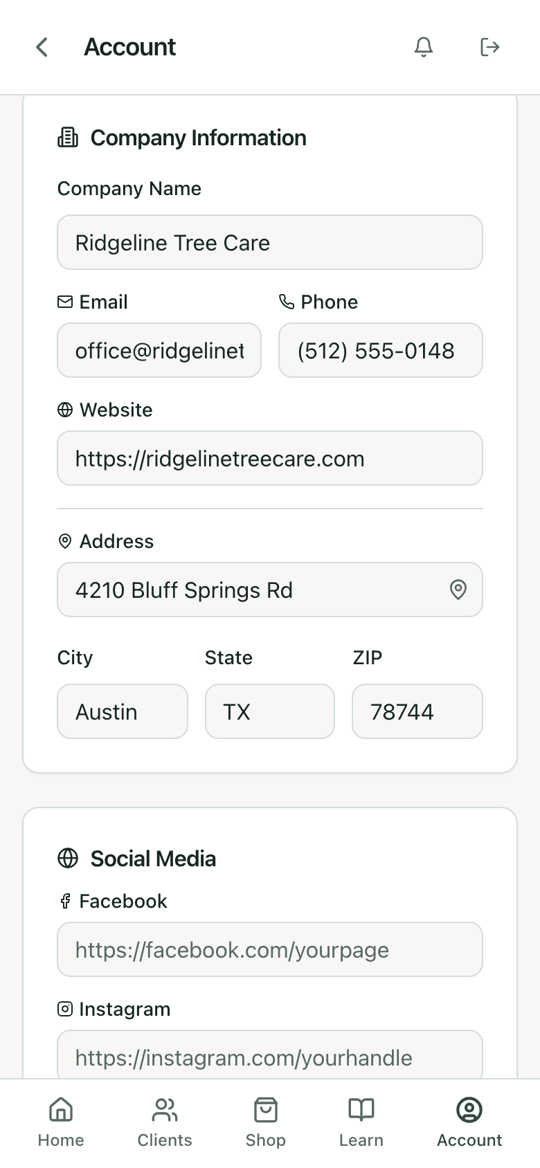 Company information settings: Ridgeline Tree Care, email, phone, website, address in Austin TX, and social media fields