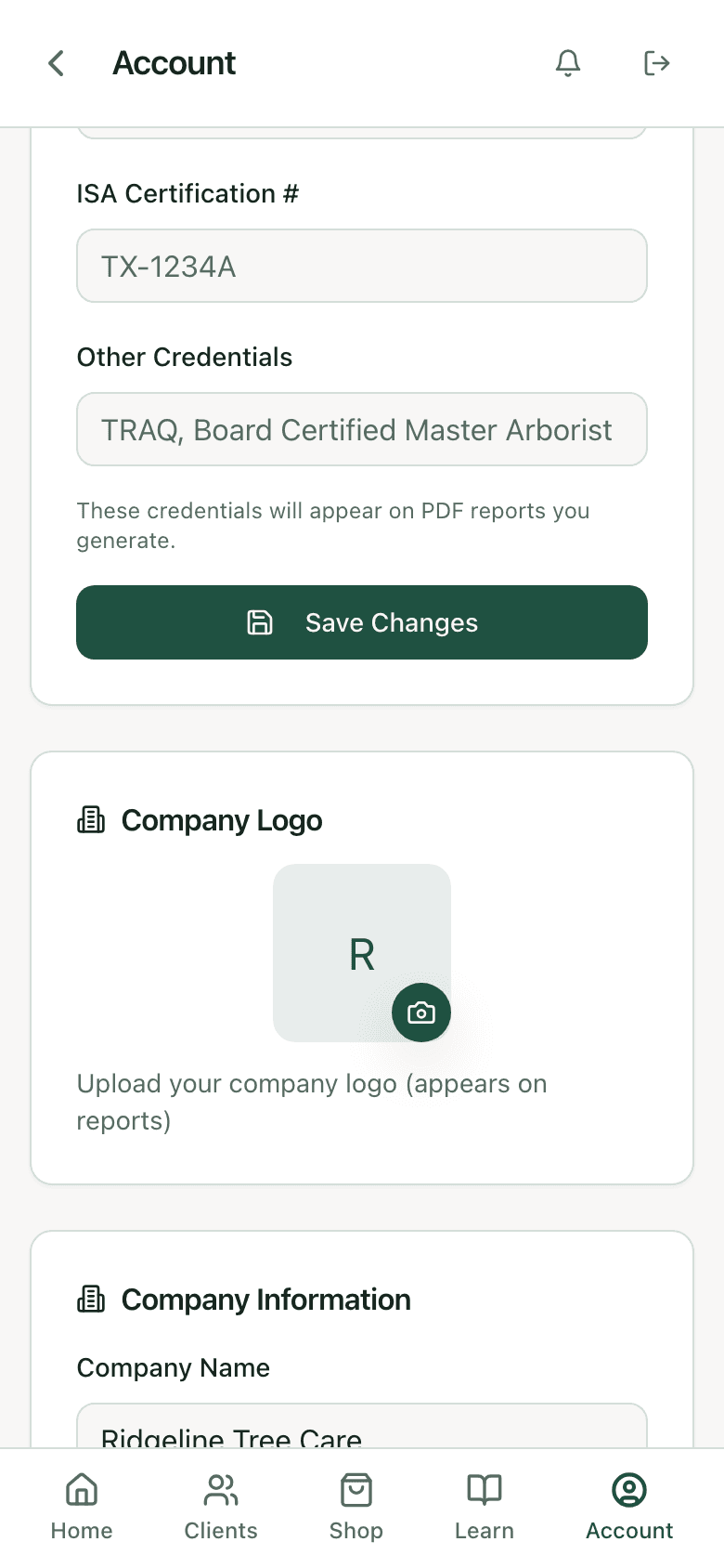 PHC Rx branding settings: company logo, certification numbers, and pesticide license fields that print on every report