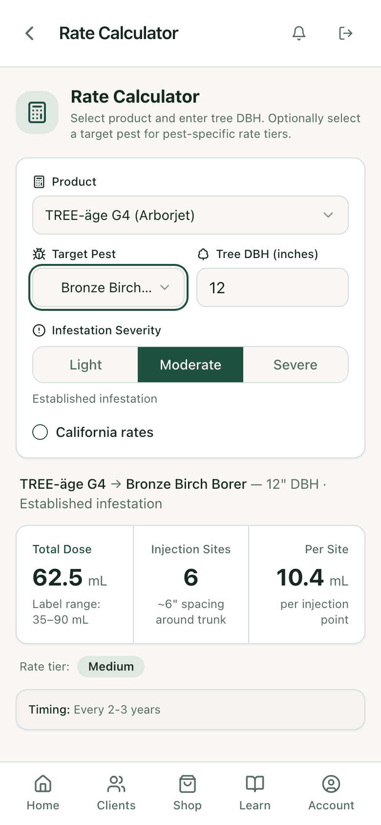 PHC Rx rate calculator: TREE-äge G4 on a 12 inch birch for bronze birch borer, total dose, injection sites, and label range