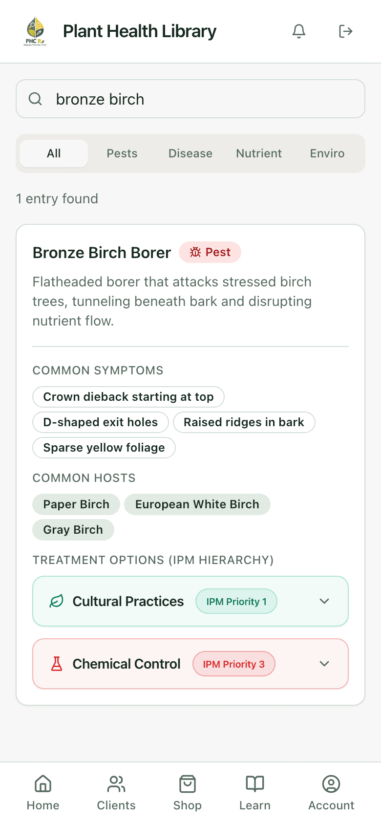PHC Rx plant health library entry for bronze birch borer: description, common symptoms, common hosts, and treatment options in IPM order