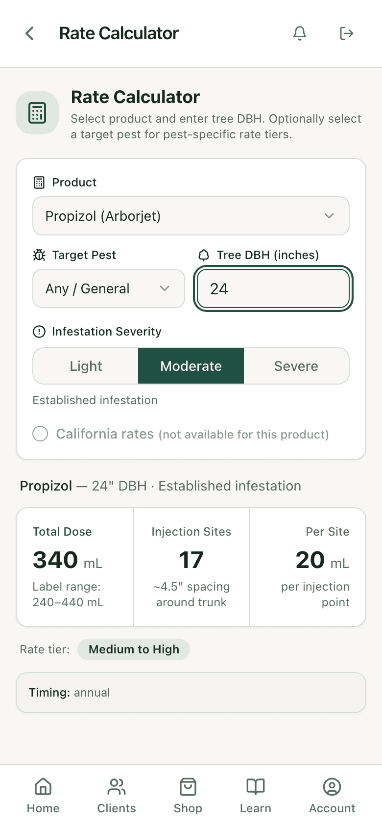 PHC Rx rate calculator: Propizol on a 24 inch live oak for oak wilt, total dose, injection sites, and label range