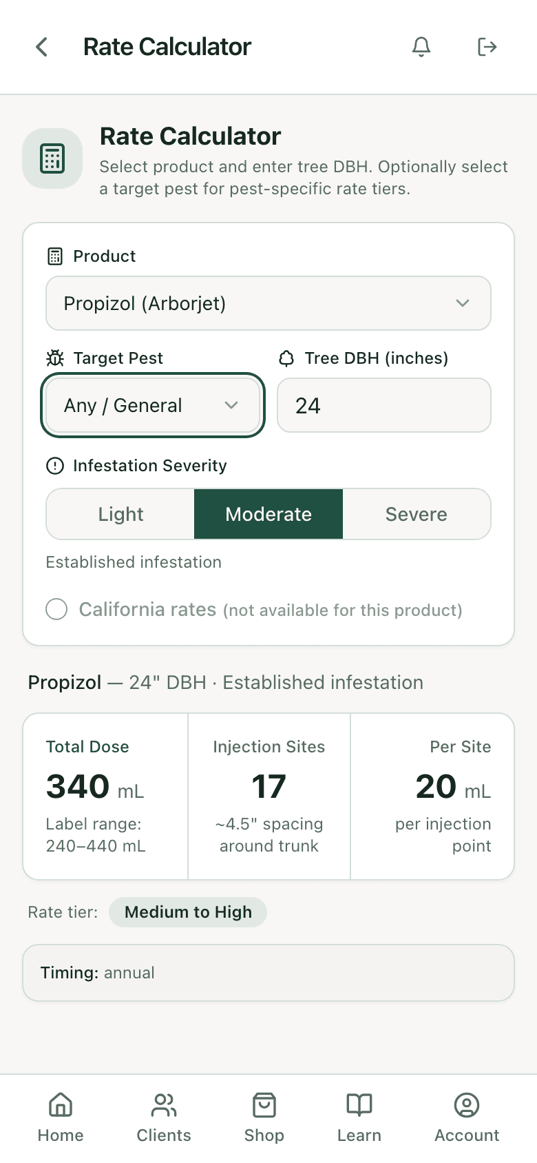 Rate calculator result showing rate tier medium to high and annual timing under the dose
