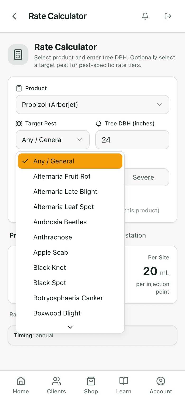 Target pest dropdown open in the rate calculator listing Any/General, Alternaria diseases, ambrosia beetles, anthracnose, apple scab, black knot, and more