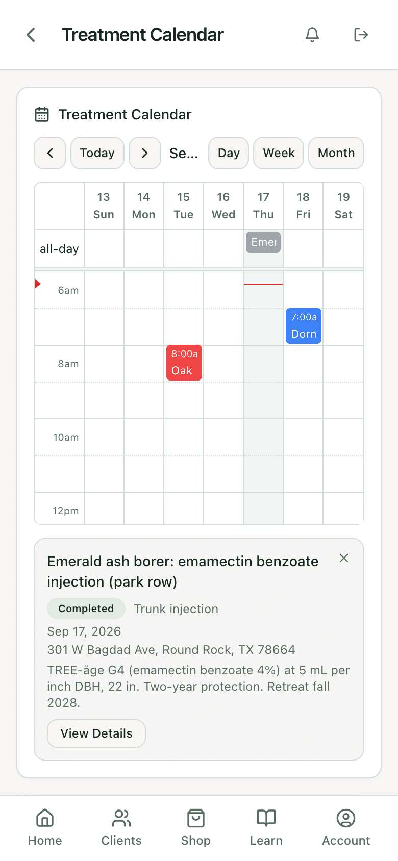 Calendar week view with an event popover for the completed emerald ash borer prescription showing date, address, product line, and a View Details button