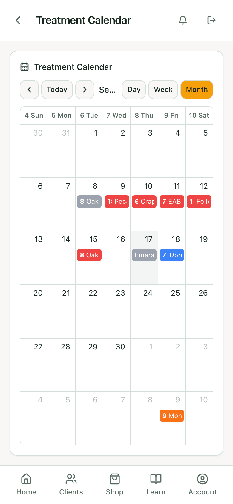 Calendar month view for September with treatment events on the 8th, 9th, 10th, 11th, 12th, 15th, 17th, and 18th, including oak, pecan, crape myrtle, EAB, and foliar jobs