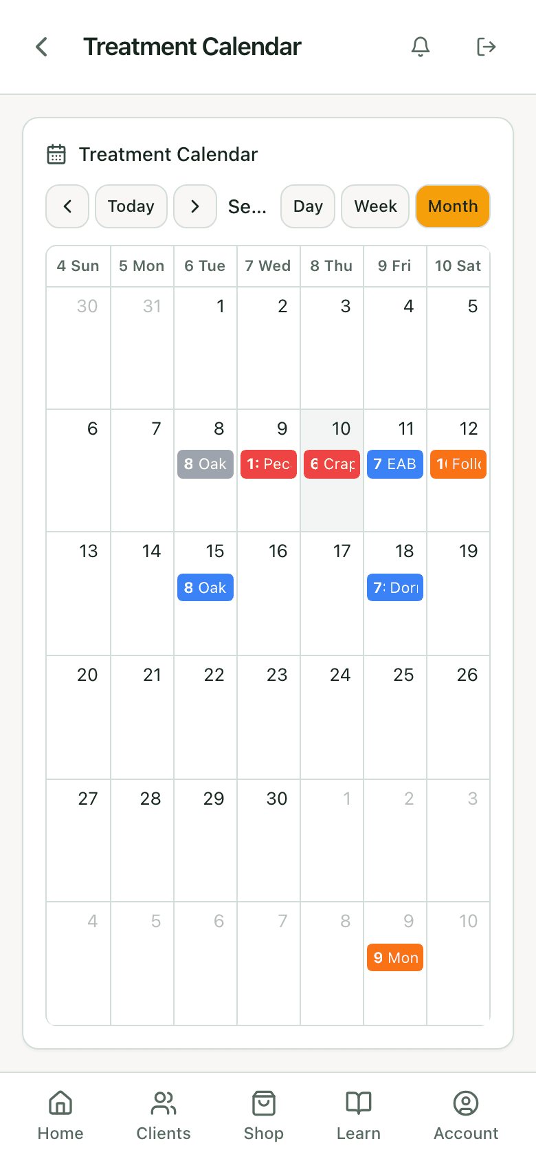 PHC Rx treatment calendar in month view with injections, a drench, a spray, and follow-ups placed across September