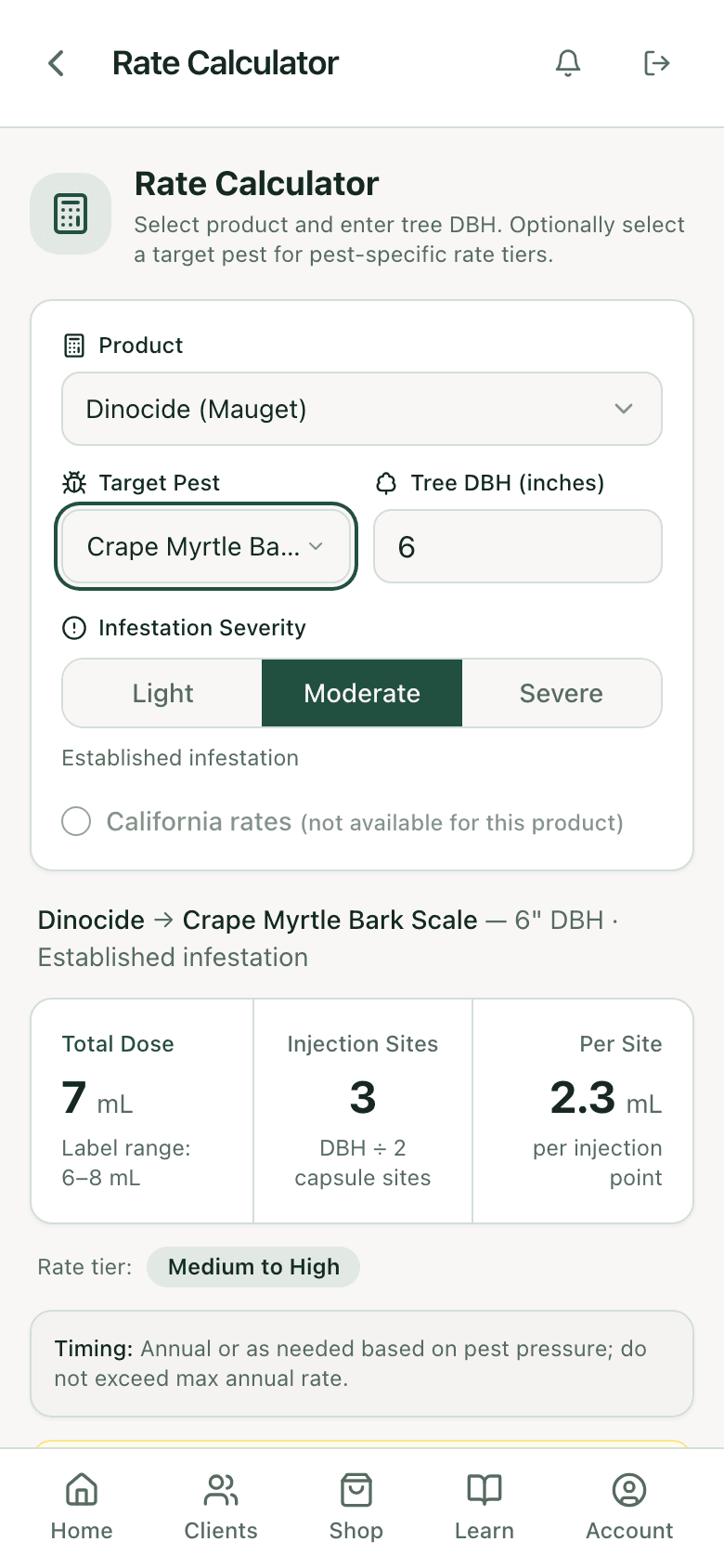 PHC Rx rate calculator: Dinocide on a 6 inch crape myrtle for crape myrtle bark scale, total dose and label range
