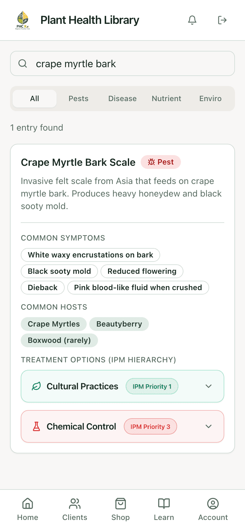 PHC Rx plant health library entry for crape myrtle bark scale: description, common symptoms, common hosts, and treatment options in IPM order