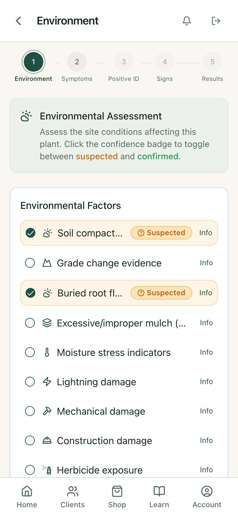 Environment step of the diagnosis with site condition factors selected