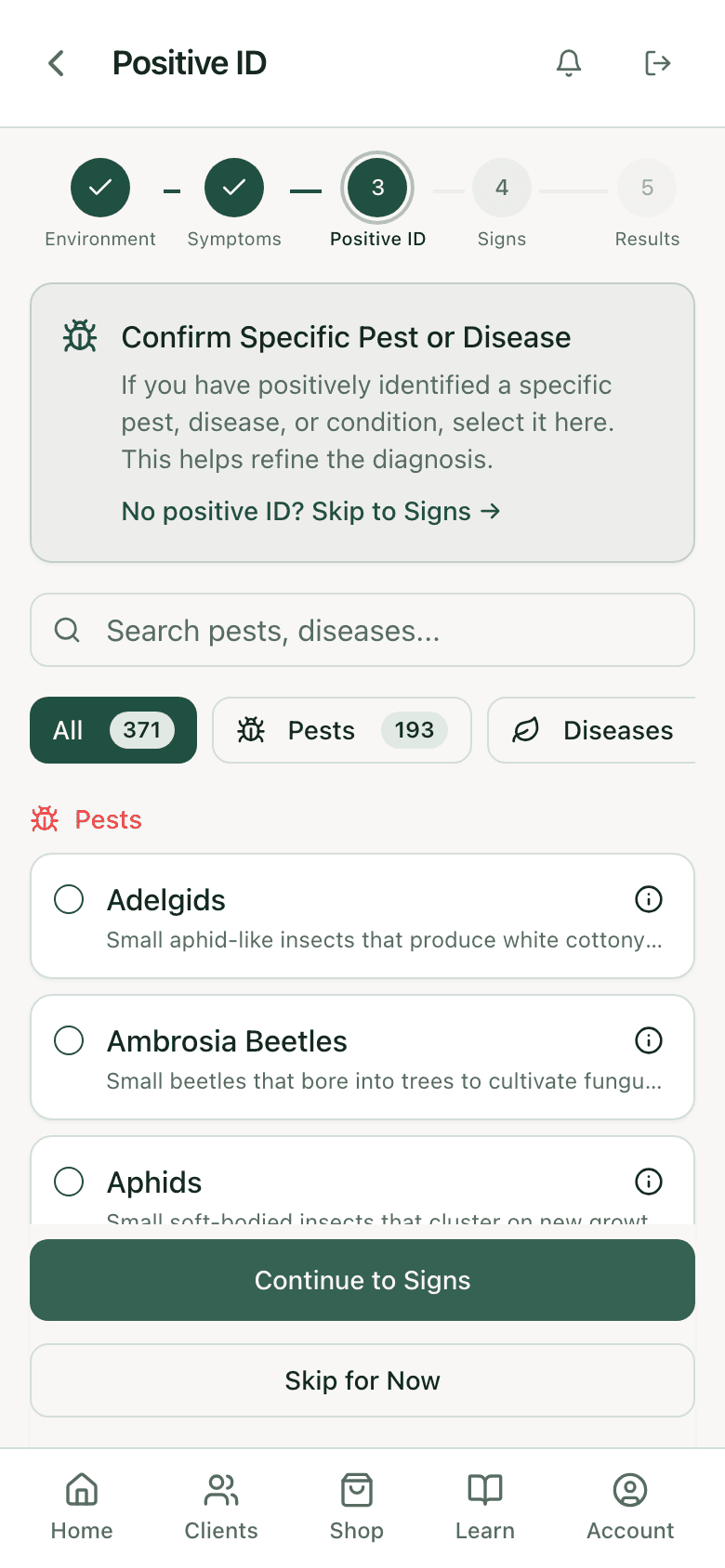 Positive ID step listing pest and disease categories to confirm