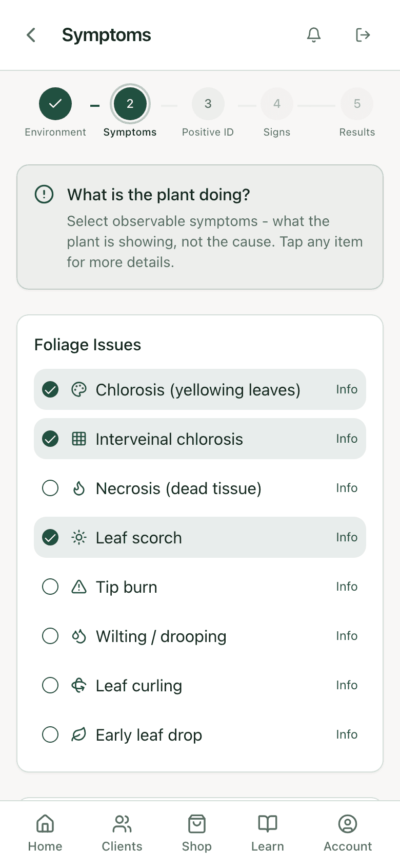 Symptoms step with several symptoms checked