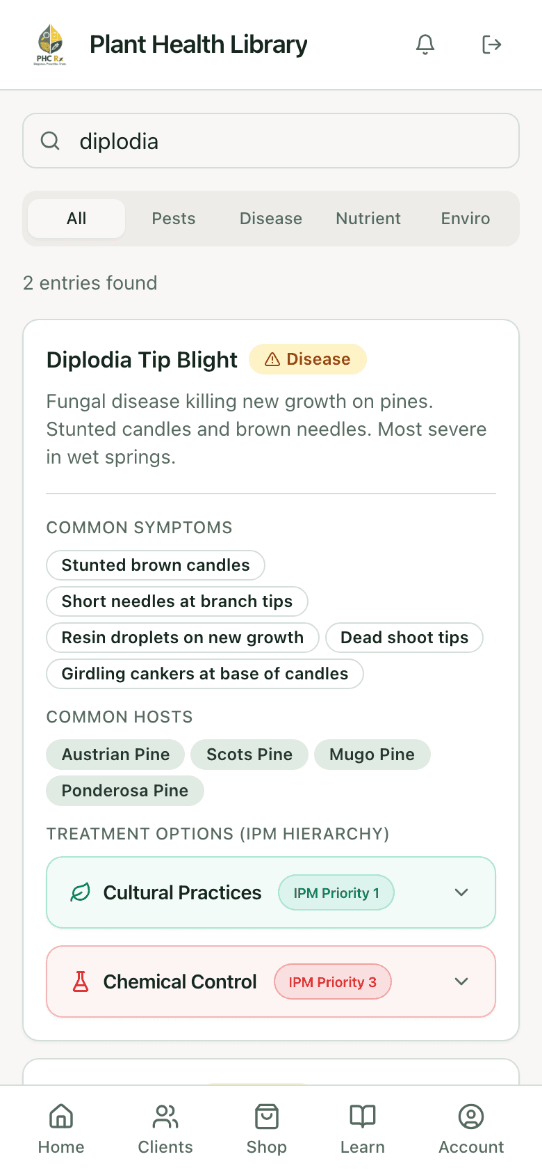 PHC Rx plant health library entry for diplodia tip blight: description, common symptoms, common hosts, and treatment options in IPM order