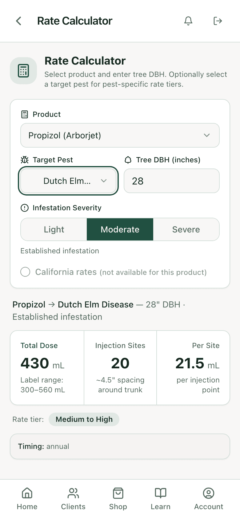 PHC Rx rate calculator: Propizol on a 28 inch American elm for Dutch elm disease, total dose, injection sites, and label range