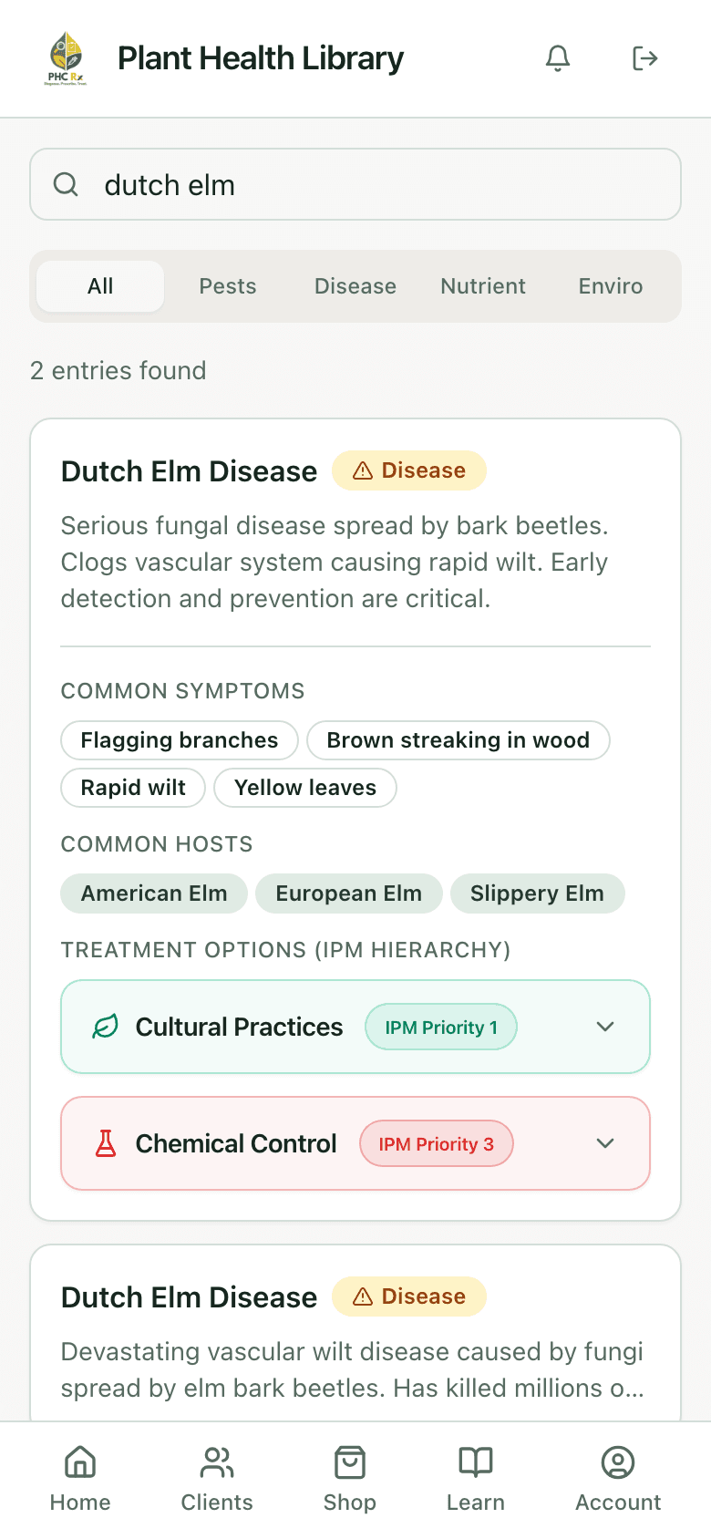 PHC Rx plant health library entry for Dutch elm disease: description, common symptoms, common hosts, and treatment options in IPM order