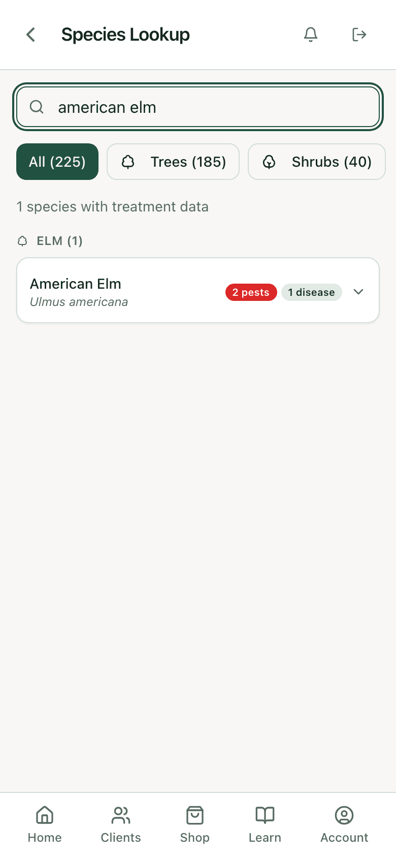 PHC Rx species lookup results for american elm: each matching species with its pest and disease counts, ready to open for the specified treatments