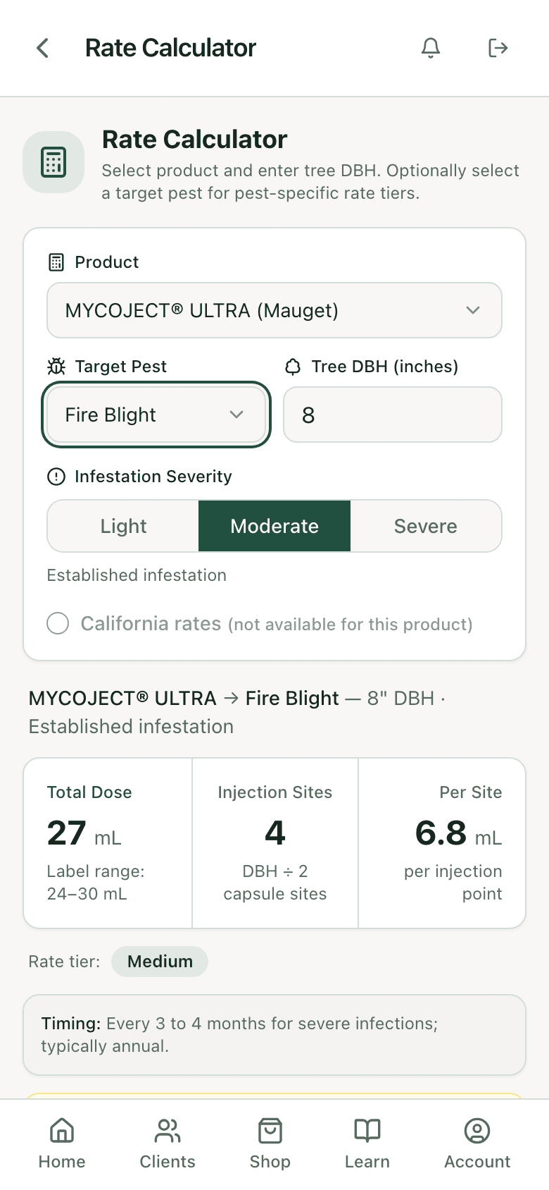 PHC Rx rate calculator: MYCOJECT ULTRA on an 8 inch flowering crabapple for fire blight, total dose, capsule count, and label range