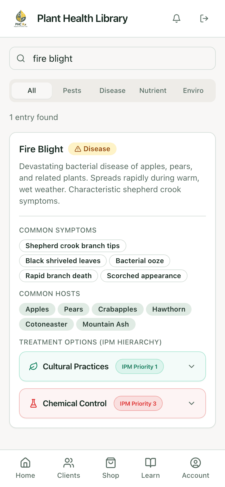 PHC Rx plant health library entry for fire blight: description, common symptoms, common hosts, and treatment options in IPM order