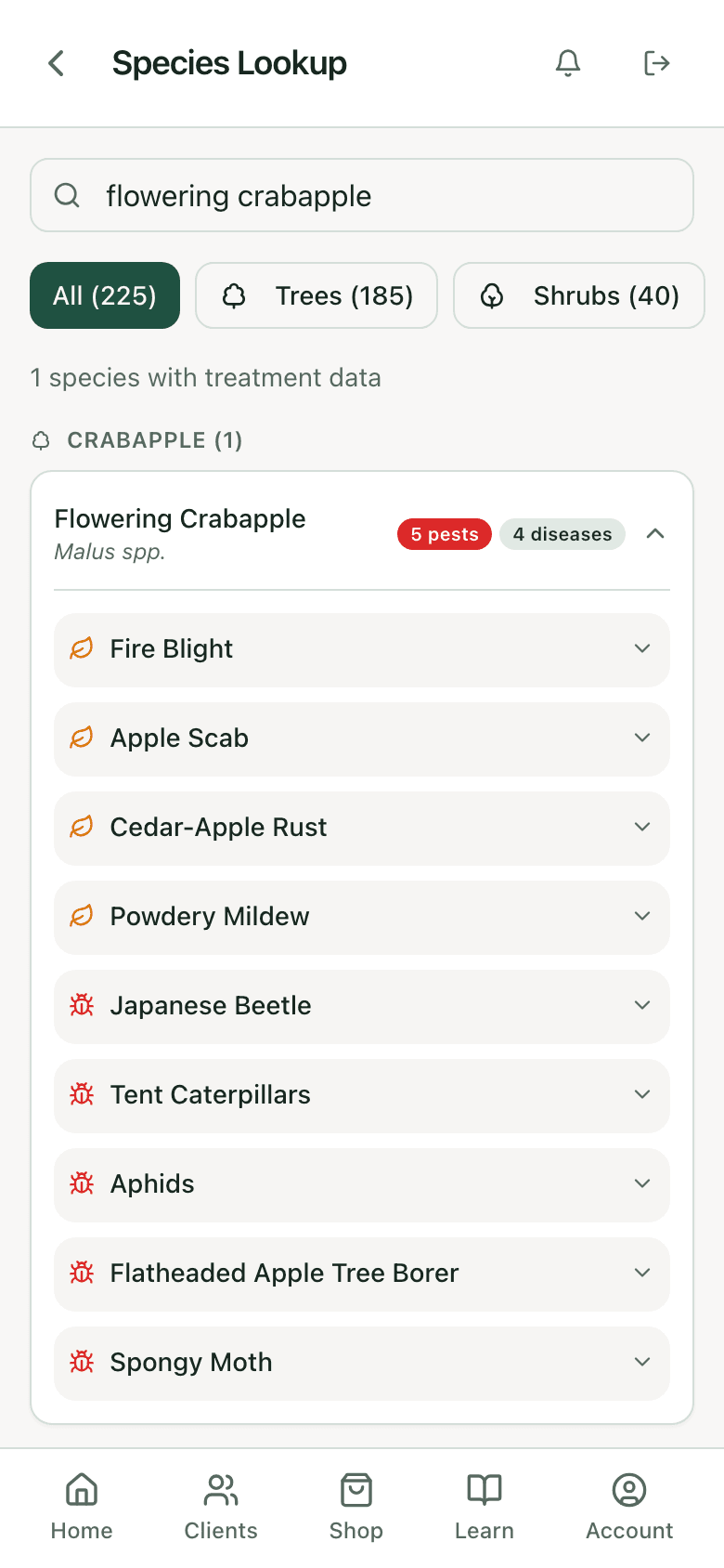PHC Rx species lookup results for flowering crabapple: the species card with its pest and disease counts, ready to open for the specified treatments