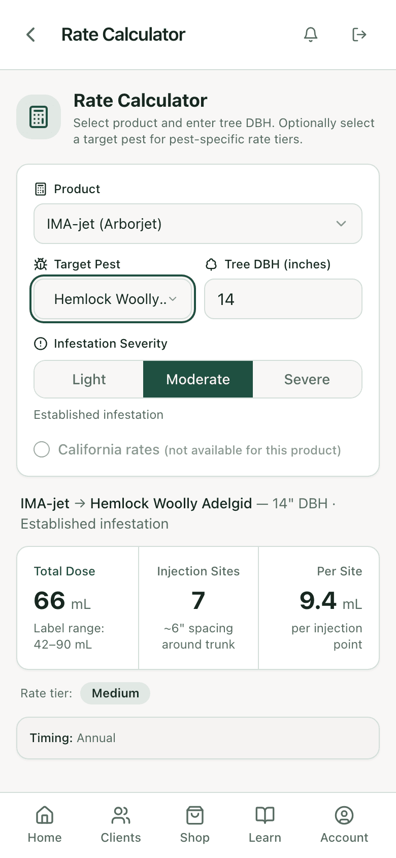PHC Rx rate calculator: IMA-jet on a 14 inch hemlock for hemlock woolly adelgid, total dose, injection sites, and label range