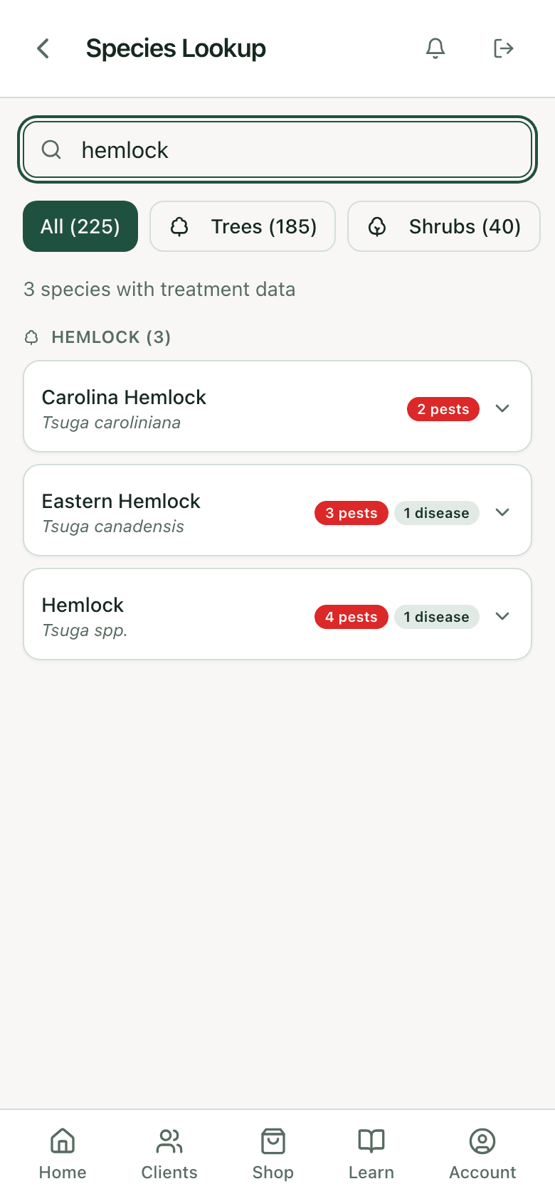 PHC Rx species lookup results for hemlock: each matching species with its pest and disease counts, ready to open for the specified treatments