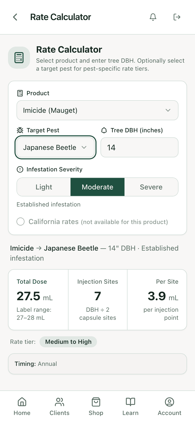 PHC Rx rate calculator: Imicide on a 14 inch littleleaf linden for Japanese beetle, total dose, capsule count, and label range
