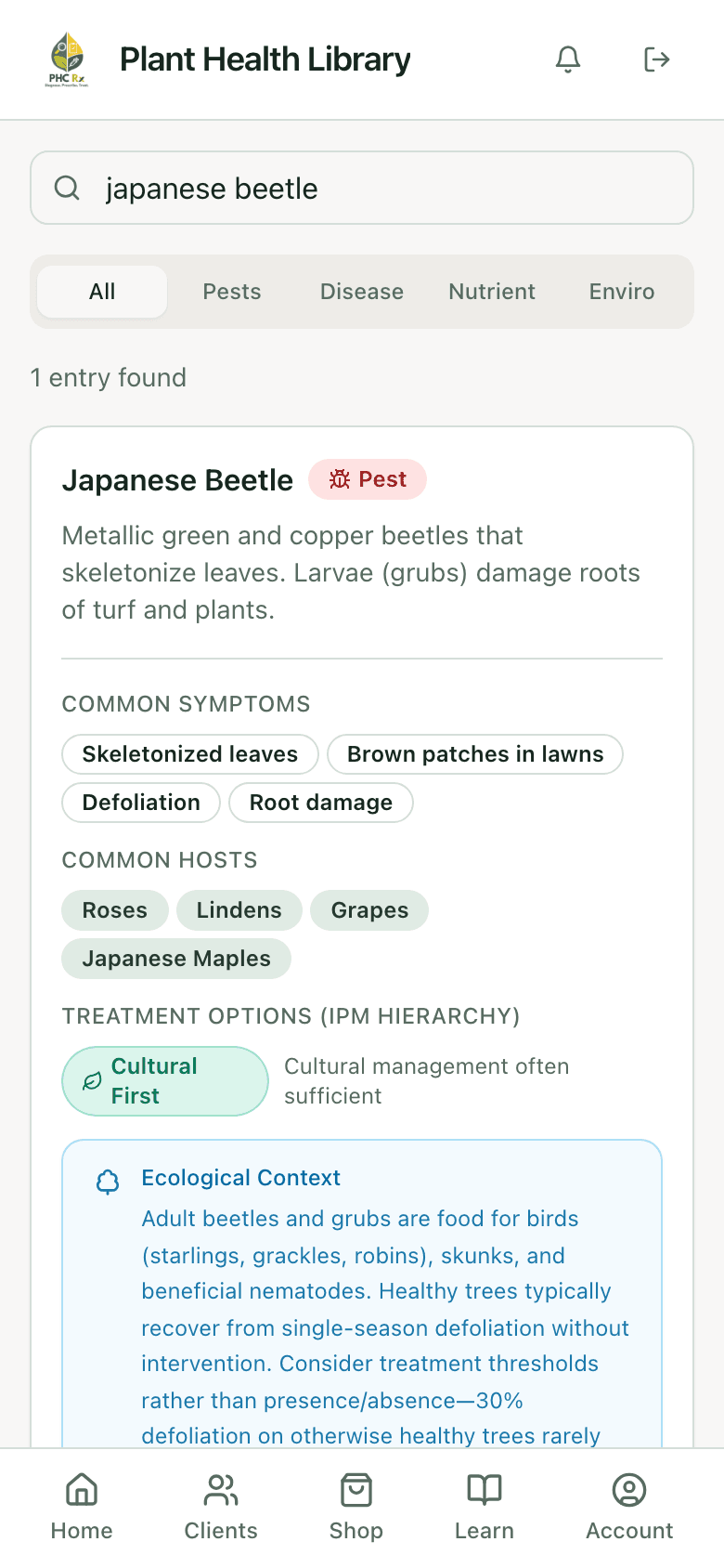 PHC Rx plant health library entry for Japanese beetle: description, common symptoms, common hosts, and treatment options in IPM order