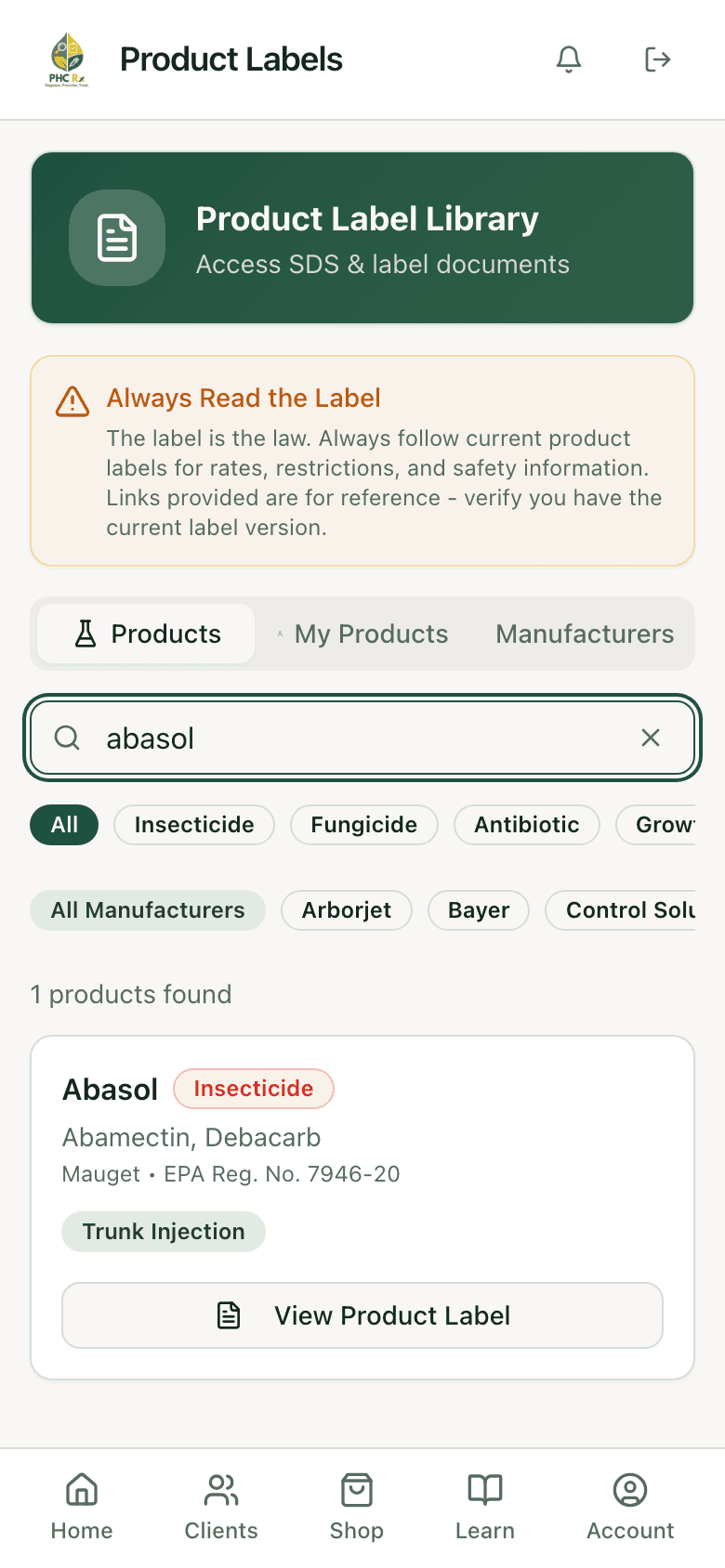 PHC Rx product label library card for Abasol showing the active ingredient, manufacturer, and EPA registration number