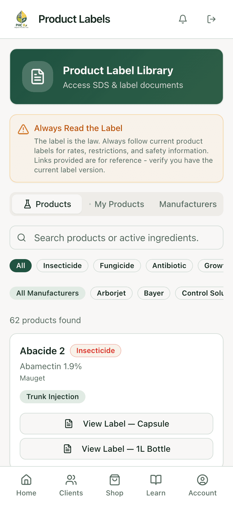 Product label library with 62 products and category and manufacturer filters