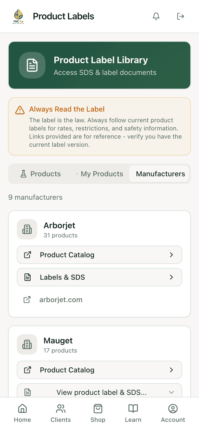 Manufacturers tab: 9 manufacturers, Arborjet with 31 products and Mauget with 17, each with catalog and SDS links