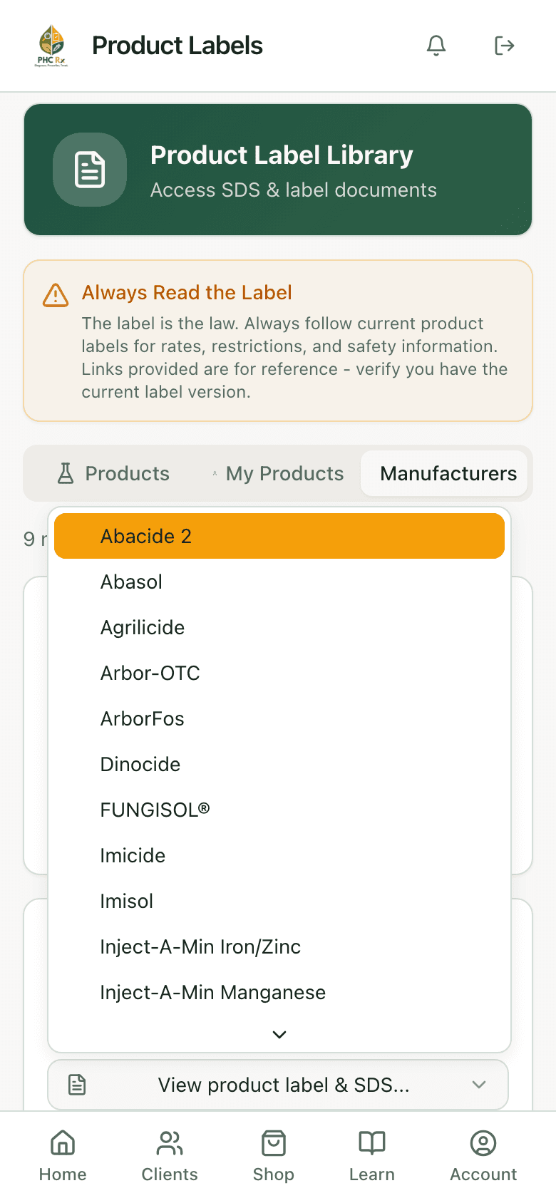 Manufacturers tab with a product label and SDS selector open for Mauget, listing Abacide 2, Abasol, Agrilicide, Arbor-OTC, ArborFos, and more