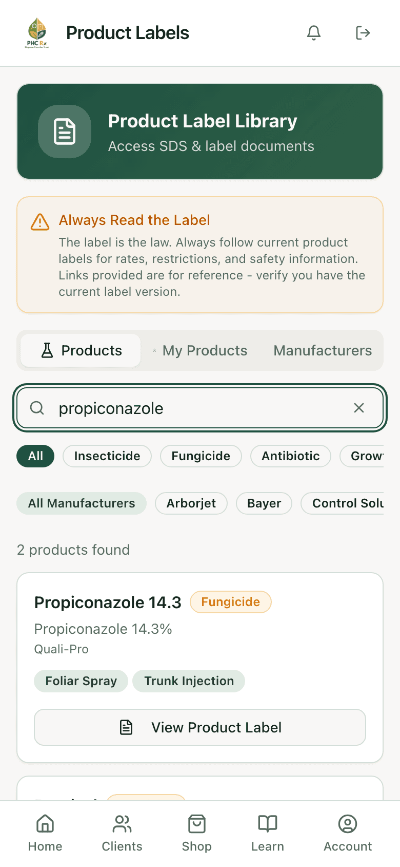 PHC Rx product label library searched for propiconazole: two products found, Propiconazole 14.3 from Quali-Pro and Propizol from Arborjet, each with a View Product Label button