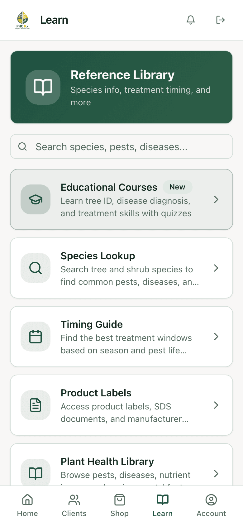 PHC Rx Learn hub with courses, species lookup, timing guide, and product labels