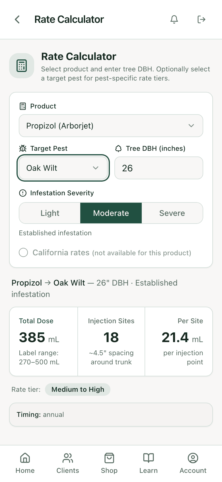 PHC Rx rate calculator: Propizol on a 26 inch live oak for oak wilt, total dose, injection sites, and label range
