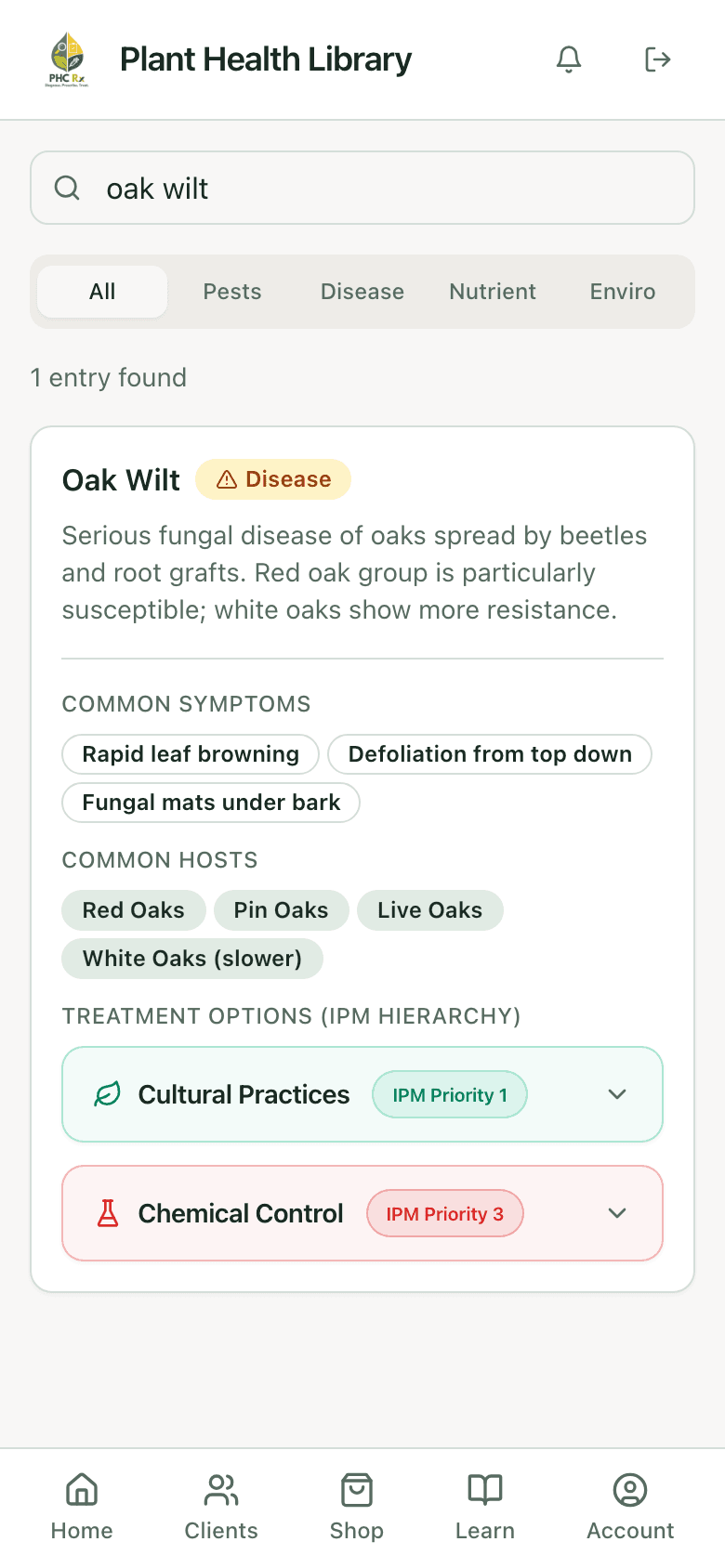 PHC Rx plant health library entry for oak wilt: description, common symptoms, common hosts, and treatment options in IPM order